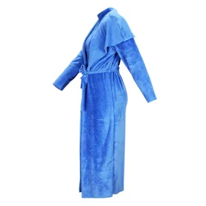 Blue fleece long cardigan coat and dress set for women, cozy winter autumn outerwear.