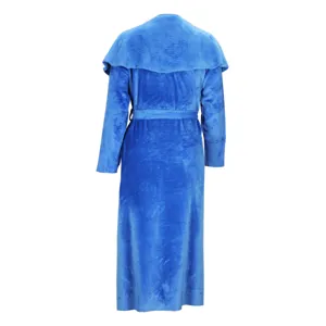 Blue plush faux fur coat detail, elegant long winter coat back view, soft plush fabric texture.
