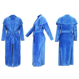 Blue velvet two-piece long cardigan set, elegant autumn winter loose warm outfit for women.