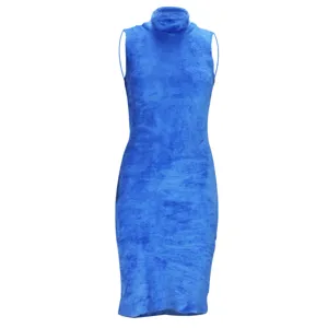 Blue plush sleeveless turtleneck dress detail, soft fleece winter fashion apparel.
