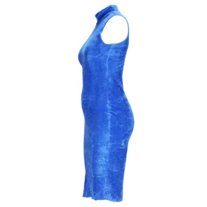 Blue sleeveless velvet mock neck dress, elegant autumn winter slim fit midi dress.