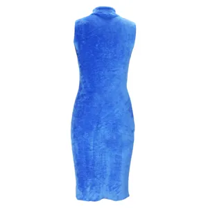 Blue fuzzy sleeveless high neck dress back detail, soft plush fabric texture close-up.