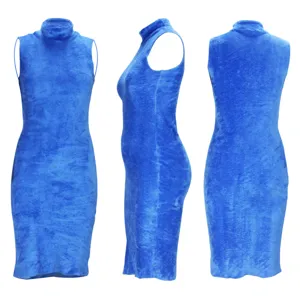 Blue sleeveless turtleneck fuzzy dress for women, cozy winter velvet mini dress for daily wear.