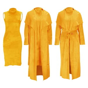 Women autumn winter yellow velvet sleeveless dress long cardigan coat two piece set outfit