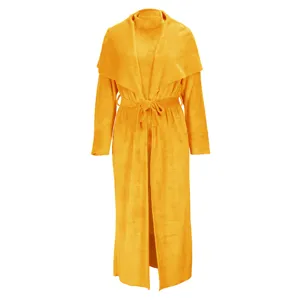 Yellow fuzzy cardigan detail, soft plush fabric texture, elegant long coat style garment showcase.