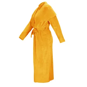 Detailed view of the yellow long fleece cardigan coat showcasing soft texture and cozy autumn style.