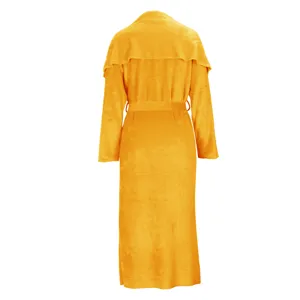 Long golden plush cardigan coat for women, elegant autumn winter outerwear with belt.