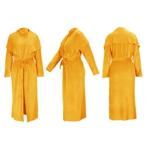 Women autumn winter long fleece cardigan dress two piece set yellow stylish elegant outfit