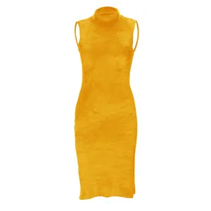Women yellow sleeveless mock neck fuzzy dress autumn winter slim fit casual elegant chic