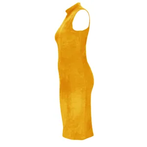 Sleeveless mock neck velvet midi dress, elegant slim fit yellow party dress for women.