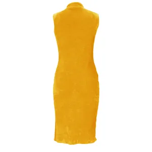 Yellow sleeveless dress detail view, soft fuzzy fabric texture, elegant slim fit back design.