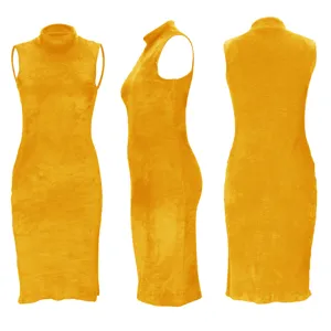 Stunning yellow mock neck sleeveless fuzzy slim dress for women, cozy winter autumn wear.