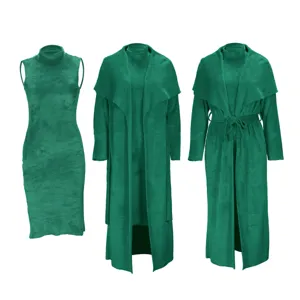 Green fuzzy fleece two piece set sleeveless dress and long cardigan for women fall winter.