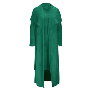 Green two-piece cardigan dress set for women, long sleeve fleece outfit for autumn and winter.
