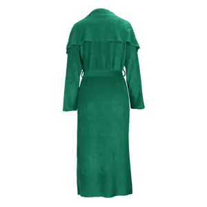 Green plush long cardigan back view detail, soft velvet texture, loose elegant cape collar.