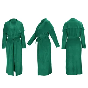 Long green fleece wrap coat detail view, featuring wide lapels, long sleeves, and a matching belt.