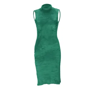 Dark green sleeveless turtleneck fuzzy dress detail view, soft velvet fabric texture.