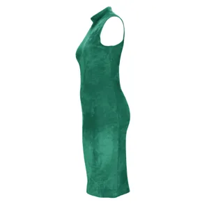 Side profile view of green sleeveless turtleneck velour dress showcasing fabric texture and fit.
