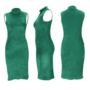 Detailed view of dark green sleeveless mock turtleneck plush dress showcasing soft velvet texture.