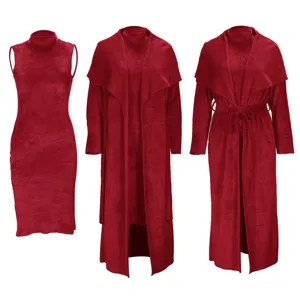 Red fleece two-piece dress and long cardigan set for women autumn winter fashion casual wear.