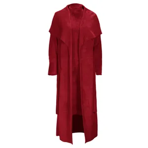 European style autumn winter women fleece long cardigan dress two-piece set detail view.