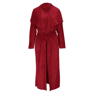 Detailed view of red fleece two-piece cardigan set, soft texture, cozy winter apparel.