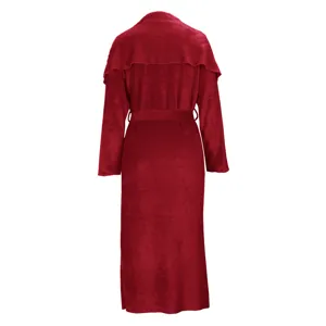 Detailed view of the elegant red long velvet cardigan coat, back view showing the belt.