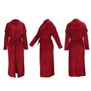 Elegant red plush long cardigan and dress two piece set for cozy autumn winter style.
