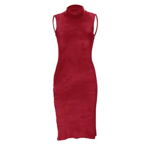 Red sleeveless mock neck velvet dress detail, soft fabric texture, elegant design close-up.