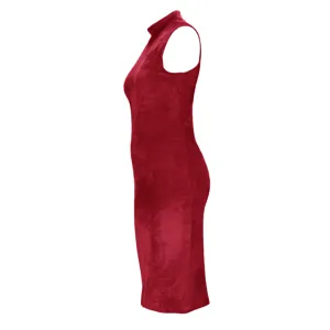 Detailed view of the elegant red sleeveless mock neck dress showcasing soft plush fabric texture.