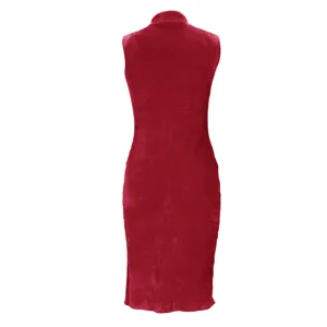 Red sleeveless plush dress detail view, soft velvet fabric and elegant high collar design.