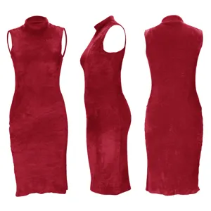 Red sleeveless mock neck fleece dress, elegant autumn winter slim midi dress for women.
