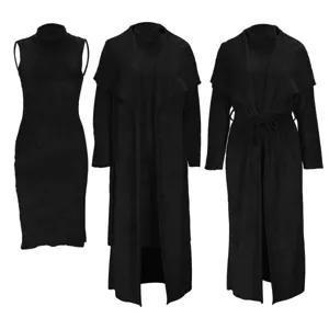 Black two-piece outfit, sleeveless turtleneck dress with long cardigan coat, autumn style.