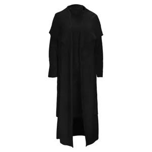 Detail shot of the elegant black long cardigan and inner dress two-piece set, loose fit.