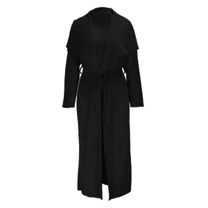 Detail view of the black two-piece cardigan dress set, showcasing the soft fabric and belt.