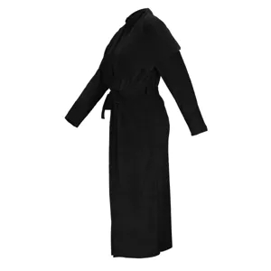 Detail view of a long black cardigan coat featuring a chic shawl collar and belt.
