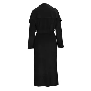 Detail view of the black long velvet cardigan, featuring wide lapel and waist belt design.