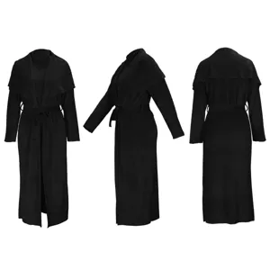 Black long cardigan coat featuring a belted design and elegant drape for women autumn winter.
