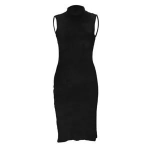 Black sleeveless turtleneck velvet dress detail view, elegant autumn winter fashion garment.