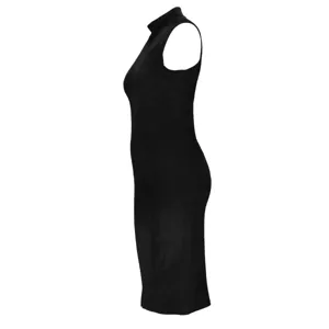 Detailed side profile shot of a stylish black sleeveless mock neck midi dress silhouette.