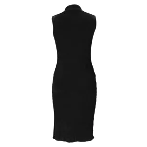 Back view of a black sleeveless dress, solid color turtleneck design, elegant fall style.