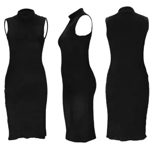 Black sleeveless mock neck midi dress, elegant slim fit design for autumn and winter wear.