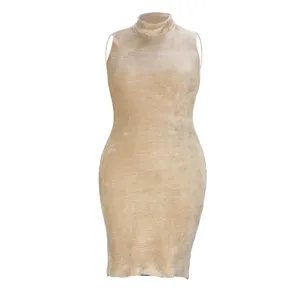 Khaki sleeveless turtleneck velvet dress, elegant slim fit apparel product detail view.
