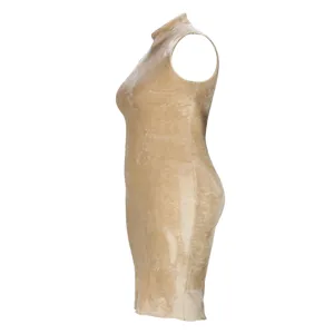 Beige sleeveless velvet high neck dress, sleek slim fit design for autumn and winter.