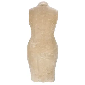 Women khaki fuzzy fleece sleeveless dress winter warm casual slim fit elegant dress