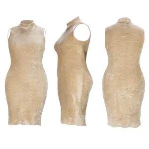 Women sleeveless high-neck velvet slim dress, elegant autumn winter fashion apparel detail.