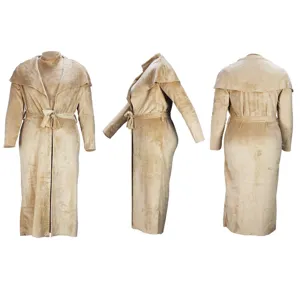 Detailed view of women long furry cardigan coat with turtleneck top, beige winter set.