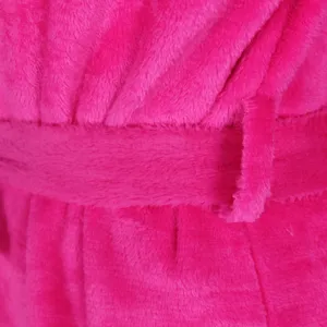 Pink plush fabric dress detail showing soft texture and belt design for women fashion.