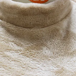 Close-up detail of soft plush fleece fabric, high collar design, warm winter apparel.