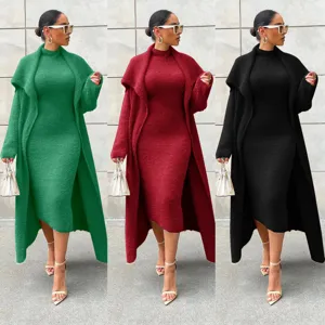 Women Fall Winter Fuzzy Knit Long Cardigan Dress Two Piece Set Elegant Fashion Outfit